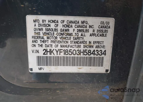 2003 Honda Pilot Ex-L from USA, damaged, VIN 2HKYF18503H584334